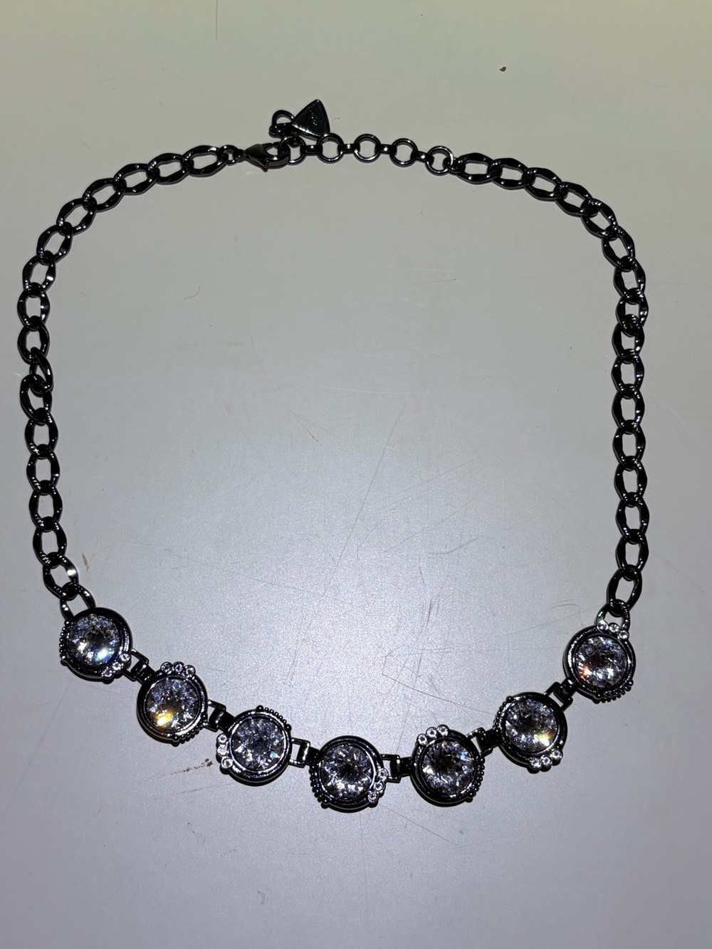Bold Dramatic Crystal Statement Necklace in Gunmetal Silver. 21” Length